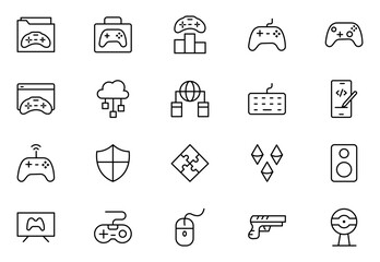 Game outline icon set. Gaming icon elements containing points and life bars, console, player, chess, multiplayer, casino and mobile game icons. © Iconiflow