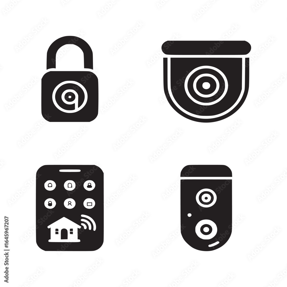 Poster a set of four black and white icons representing home security and automation technology devices and