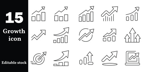 growth line icon set vector on white background.  business, chart, graph, diagram, finance, financial, data, analysis, market, success, investment, arrow, progress, symbol. 
