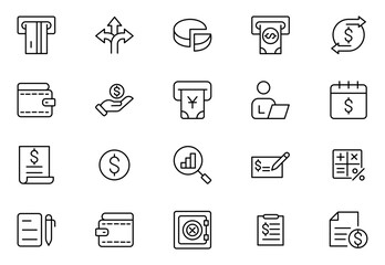 Finance line icon set with money, bank, check, law, auction, exchange, payment, wallet, deposit, piggy, calculator, web, and more isolated outline thin symbol