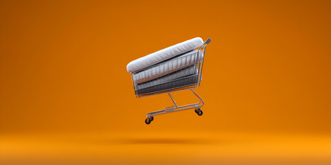 grocery cart filled with mattresses and beds flying orange surreal dreamscape quirky unexpected shopping trip whimsical fantasy scene