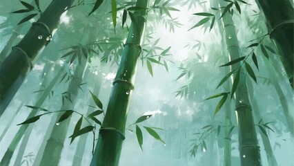 A misty green bamboo forest with tall, slender stems and vibrant green leaves creating a serene natural scene.