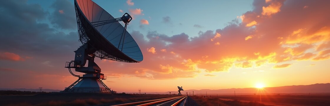 Massive satellite dish antenna stands against vibrant sunset sky. Communication equipment points towards horizon, global connectivity. Rays of light pierce through dramatic clouds, creating striking