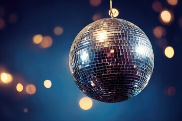 A disco ball hanging against a backdrop of bokeh lights