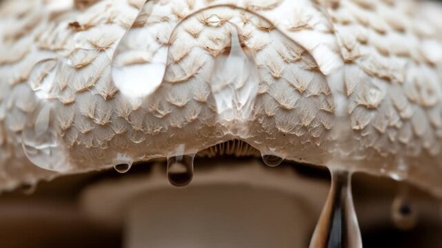 Close-up View of a Mushroom with Water Droplets Flowing Slowly in Detail