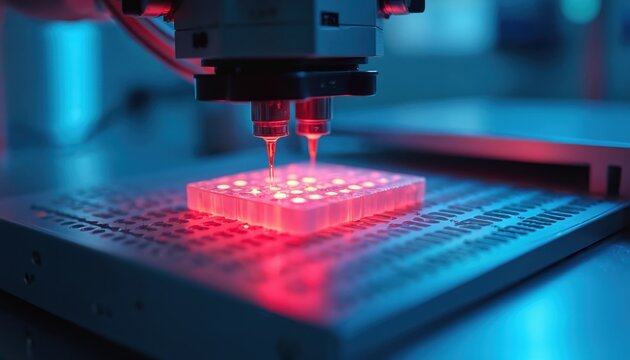 Advanced DNA sequencer machine with precise testing capabilities. Modern laboratory equipment for genetic research, analysis. Highlights molecular biology, genome sequencing, medical diagnostics.