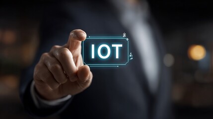 Close-up of a person in a suit holding a glowing holographic display with "IOT" text