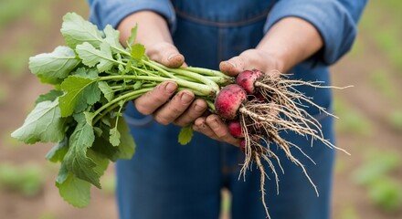 Freshly Harvested Radishes with Green Leaves Held in Hands