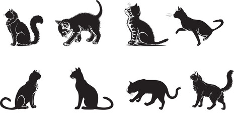 A vector illustration of various black cat silhouettes, including domestic and wild feline designs