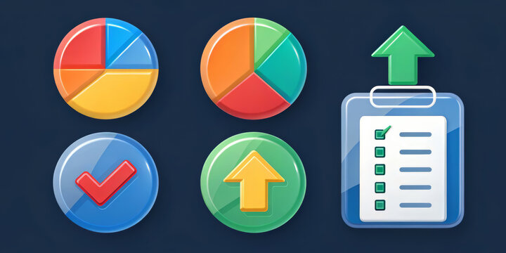 Assortment of five colorful and modern ui icons including pie charts, a checkmark, an upload arrow, and a checklist on a dark background