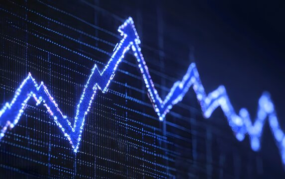 A digital illustration of an upward-trending graph with arrows, representing business growth and progress in financial data or stock market analysis on a dark blue background.