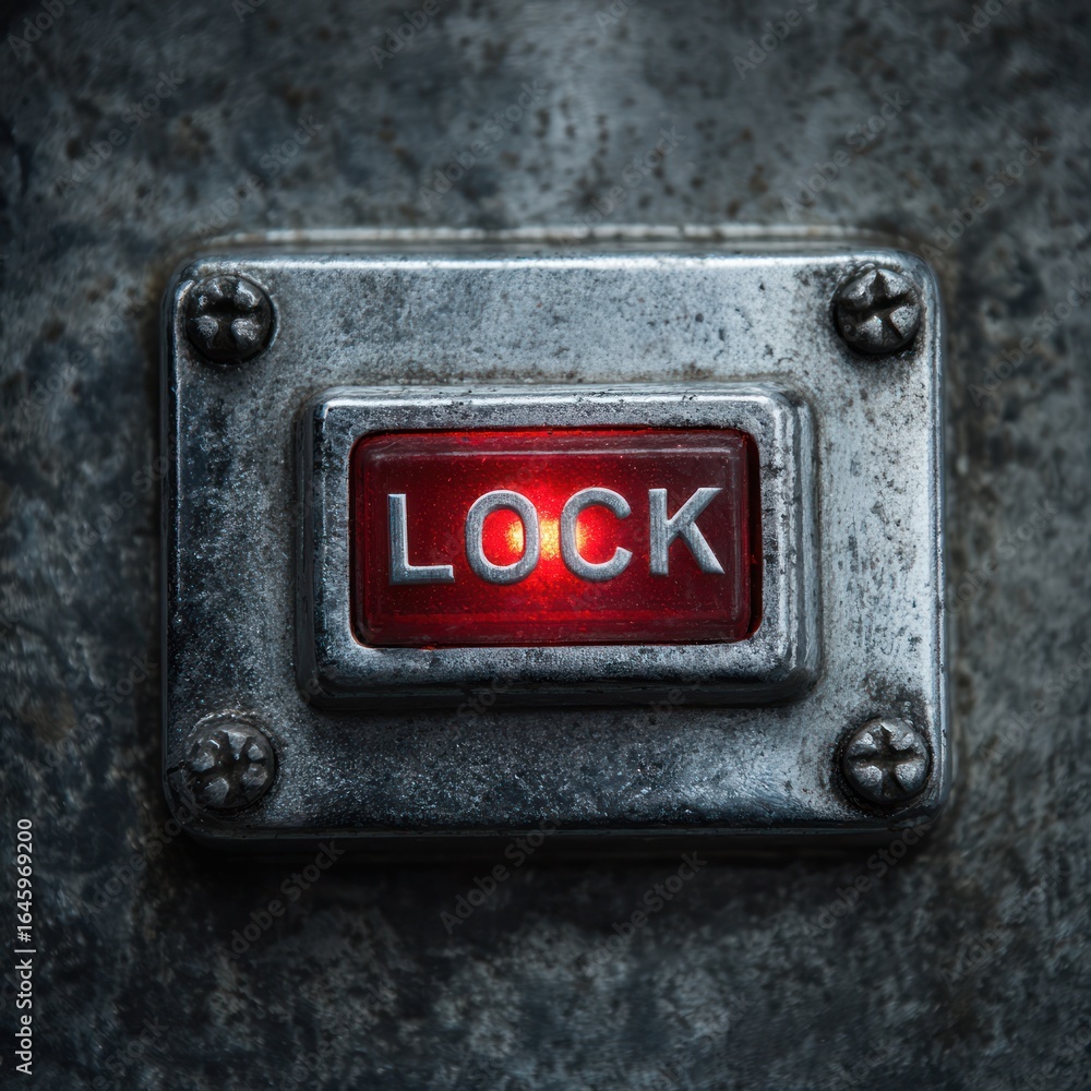 Poster a close-up shot of a red illuminated rectangular button on a weathered metallic surface, displaying 