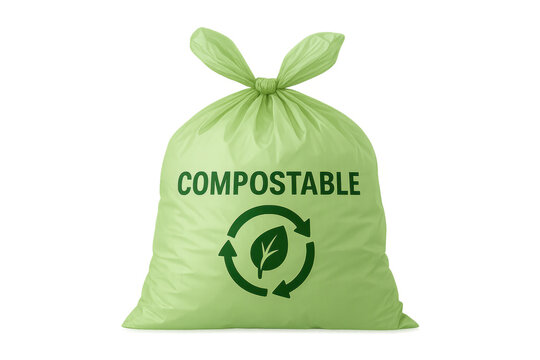 Green compostable plastic bag with recycling symbol on transparent background