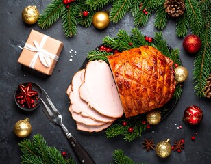 Christmas ham centerpiece on a dark table