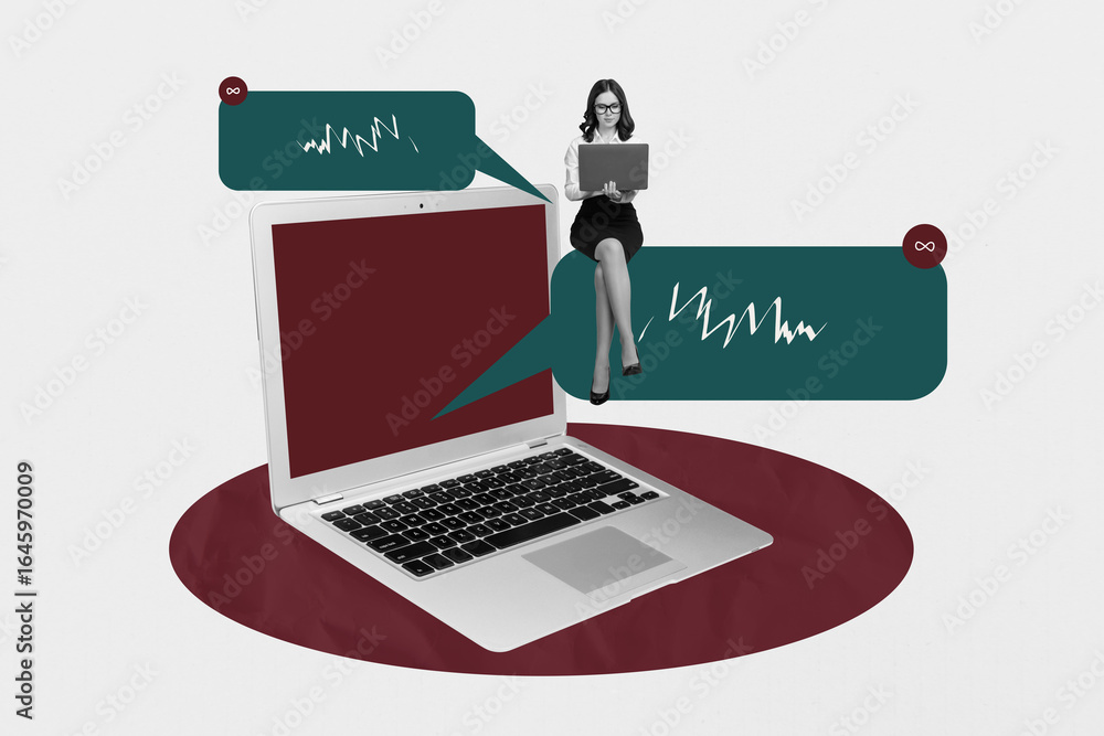 Poster pop image collage of person sit working gadget netbook with speech bubble on white background