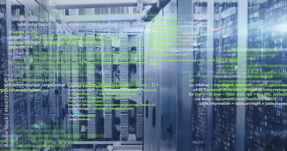 Poster On system start, 3D server aisle unchanged, green code streams drifting and visualizing data flow