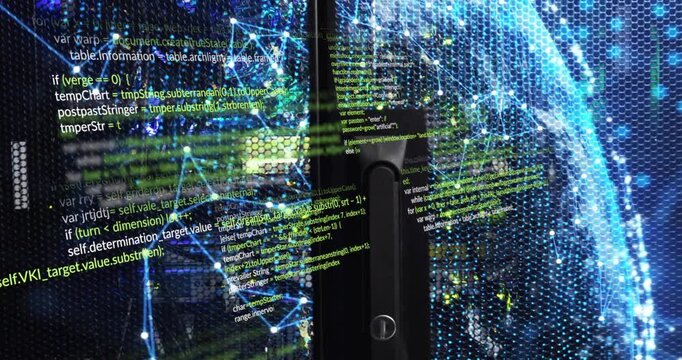 Server door handle staying while code sliding in triggers node pulsing into globe showing data