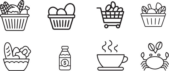 Minimalist Outlined Grocery Shopping and Dining Icons Representing Fresh Food and Everyday Life