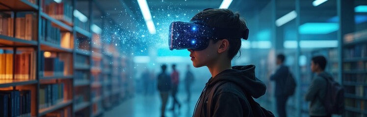 Student immersed in virtual reality headset within library. Explores future education tech, digital learning, and immersive cognition. Represents innovation in schooling and university research.