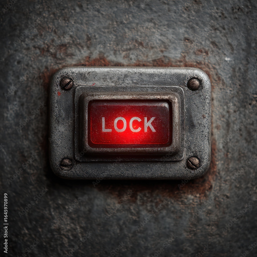 Poster a red illuminated button labeled 