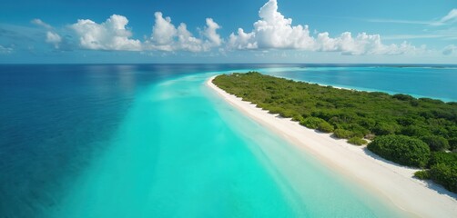 Aerial view of Turks, Caicos with crystal clear turquoise water, pristine white sand beaches, rich green island vegetation. Calm ocean meets bright blue sky with fluffy clouds. Offers serene tropical