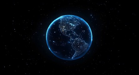 Obraz premium A dark blue background with the Earth in focus, surrounded by glowing connections representing global connectivity and data transfer,