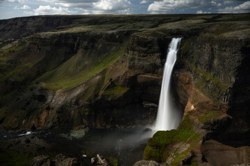 Háifoss waterfall. This waterfall is some kilometers west of the southern end of the Sprengisandur...