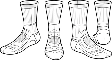 Cad drawing flat vector illustration, technical sports socks design, athletic footwear apparel sketch, performance compression sock template, seamless knit hosiery fashion
