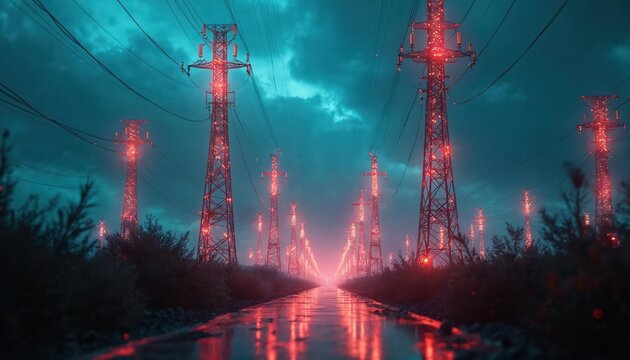 Futuristic 5G communication towers emit glowing red signals against dark, cloudy sky. Digital network infrastructure suggests advanced wireless technology, data transfer. Scene evokes innovation, - Powered by Adobe