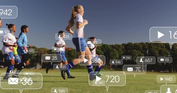 play icon showing on field, two female players sprinting in sports drill with social metrics rising