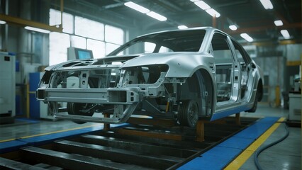 An unassembled car chassis on a production line in a factory, showcasing the early stages of automotive manufacturing process.