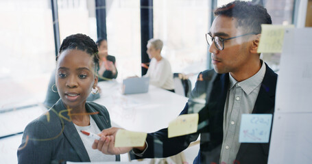 Team, planning and people with strategy, glass and sticky notes for proposal and financial...