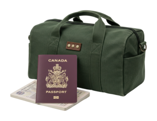 Travel essentials canada passport and green duffle bag airport product display modern adventure ready. Cut out png