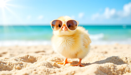 Obraz premium Cute chick wearing sunglasses on sandy beach under bright sun 