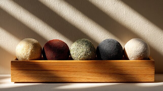 Wooden tray with herbal balls, embodying natural healing and relaxation