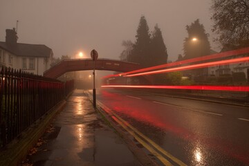 Misty street scene at night with a red bridge