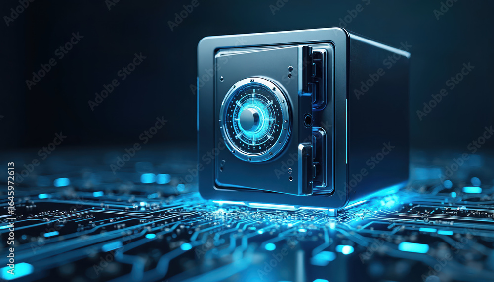 Poster secure digital vault integrated with glowing blue circuit board. technology concept emphasizes data 