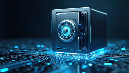 Secure digital vault integrated with glowing blue circuit board. Technology concept emphasizes data protection, cyber safety, hardware encryption. Network security, privacy in advanced electronic
