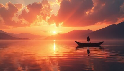 Man in silhouette on small boat drifts on calm lake during vibrant sunset. Orange, pink sky reflects on water surface. Distant mountains, tranquil nature scene.
