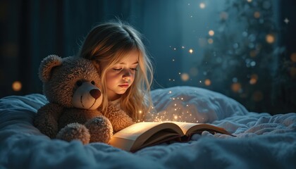 Little blonde girl reads book with teddy bear. Cozy bedtime scene with soft light. Magical sparkles emanate from open pages. Child learns story, cherishes childhood moments.