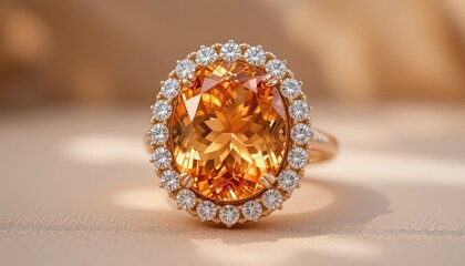 Close up of a gold ring with a large orange gemstone surrounded by small white diamonds on beige fabric