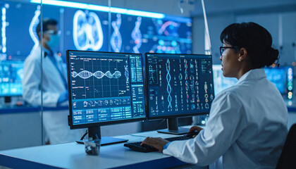 Analyzing Data in High-Tech Lab: Focused scientist diligently analyzes complex data on two high-resolution monitors in a state-of-the-art laboratory.