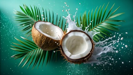 A cracked open coconut with white flesh and milk splashing, surrounded by vibrant green palm leaves on a dark teal background