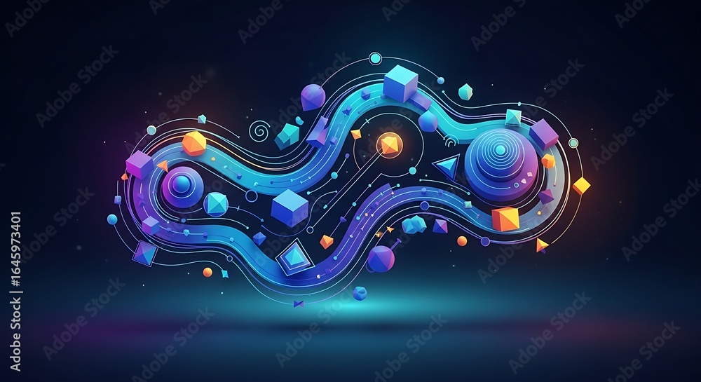Poster abstract design featuring geometric shapes and flowing lines in vibrant colors on dark background