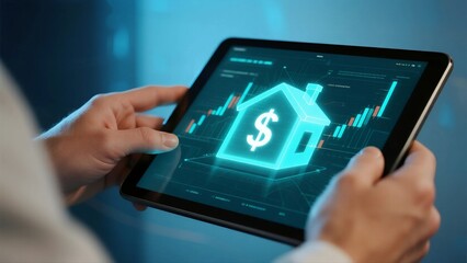 Analyzing digital real estate market trends using stock charts, dollar symbol, and interactive data visualization on a tablet device.