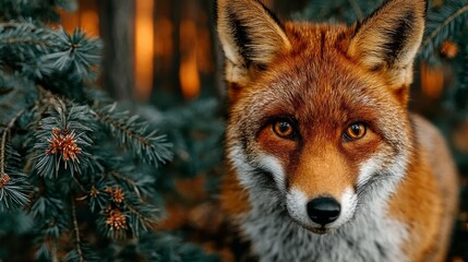 Closeup portrait of a curious red fox with striking eyes, nestled amongst pine branches in a natural forest setting, showcasing its wild beauty