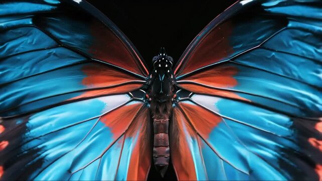 blue butterfly flapping its wings on a black background