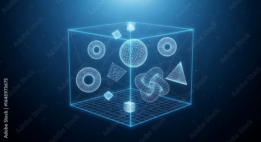 Poster wireframe cube containing various geometric shapes floating in a dark blue space with particles