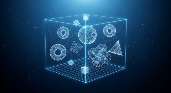 Wireframe cube containing various geometric shapes floating in a dark blue space with particles