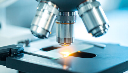 Fototapeta premium Microscope in Laboratory: A close-up view of a sophisticated microscope, a crucial tool in a laboratory, reflecting precision, exploration, and the pursuit of knowledge.